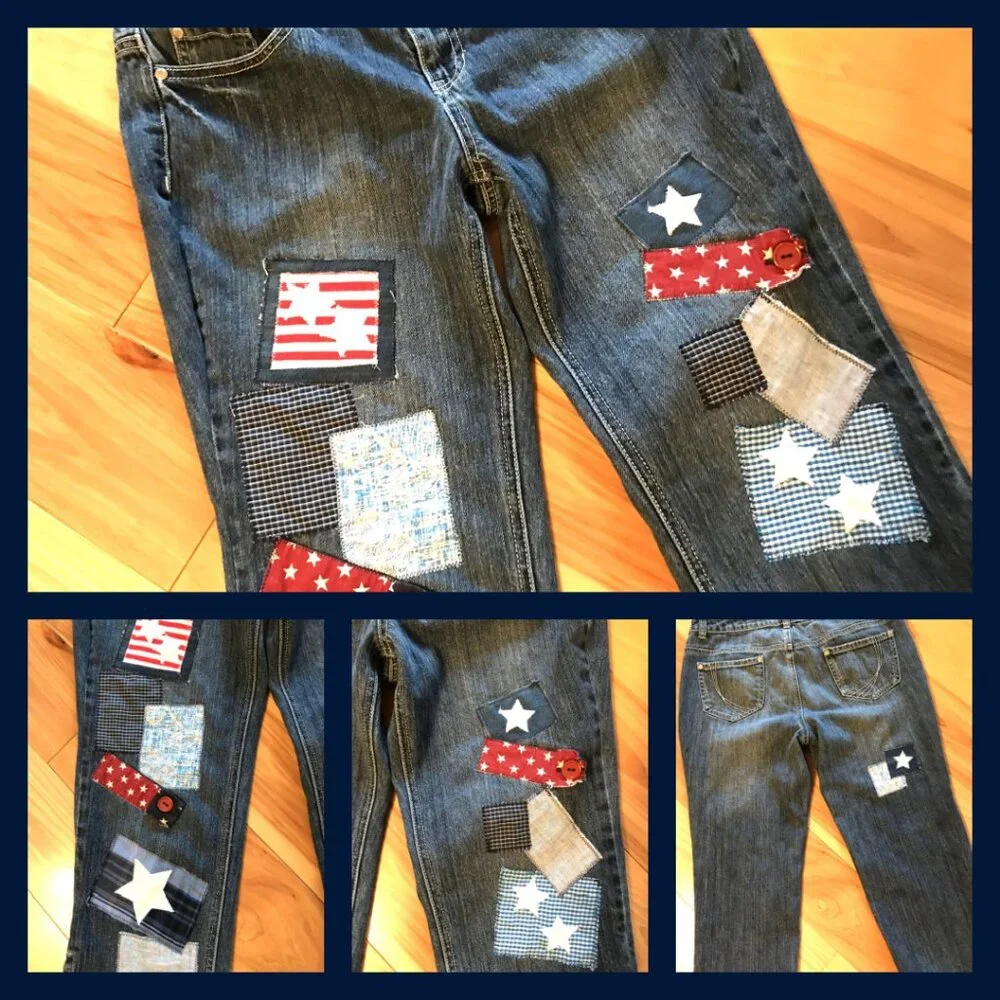 Upcycled Patchwork Capris Denim Shorts, Patriotic Star Patches, Size 10 Petite - Picture 12 of 13